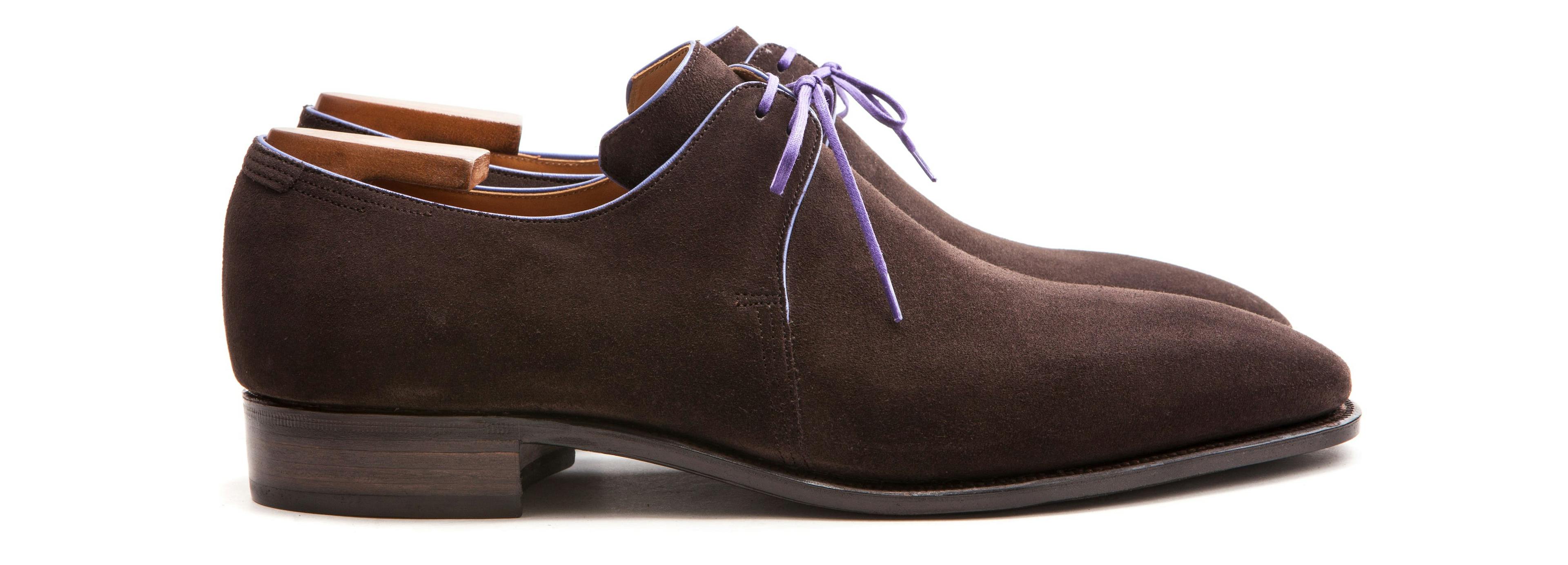 Side view of a Corthay Arca in dark brown suede.