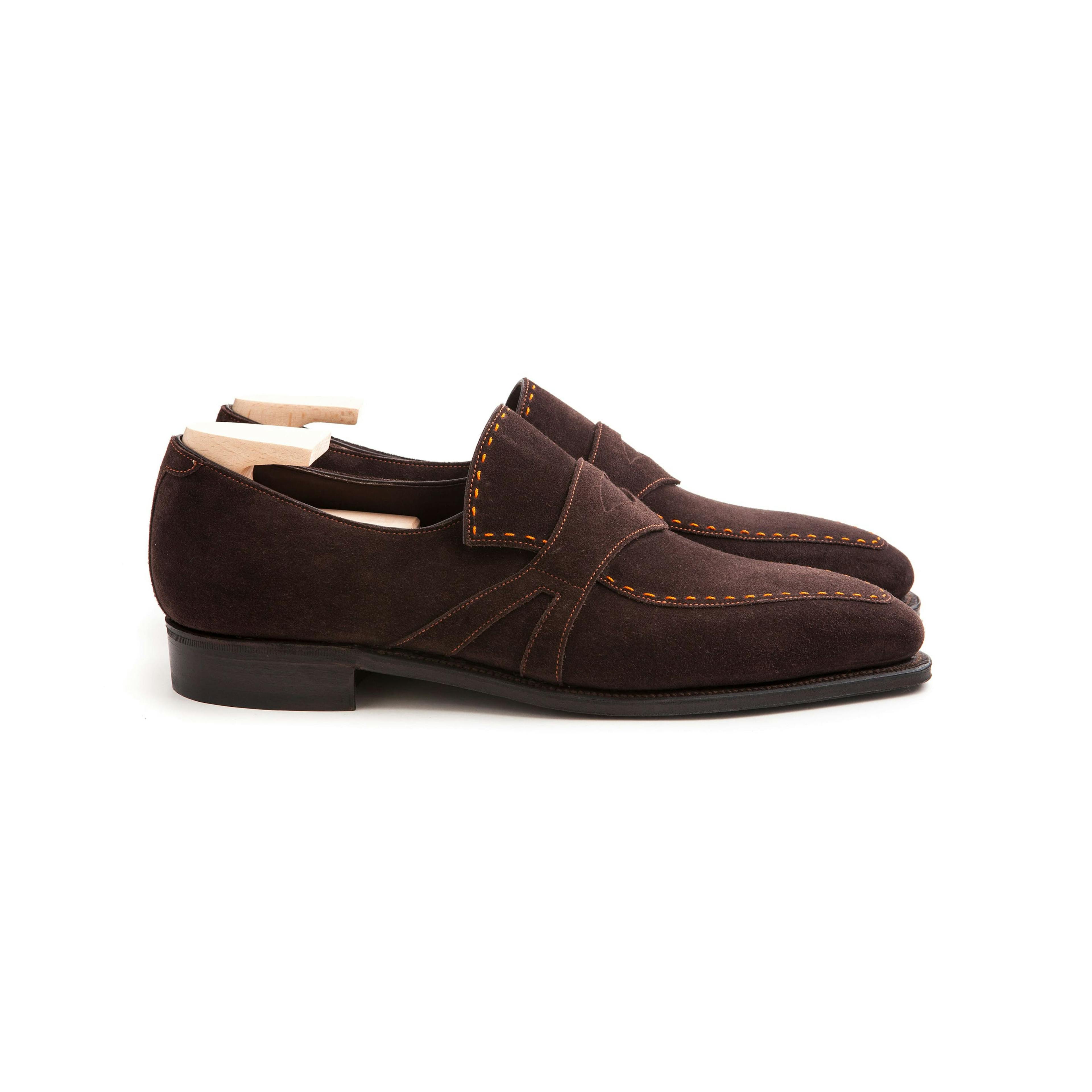 Side view of a Corthay Rascaille in dark brown suede.