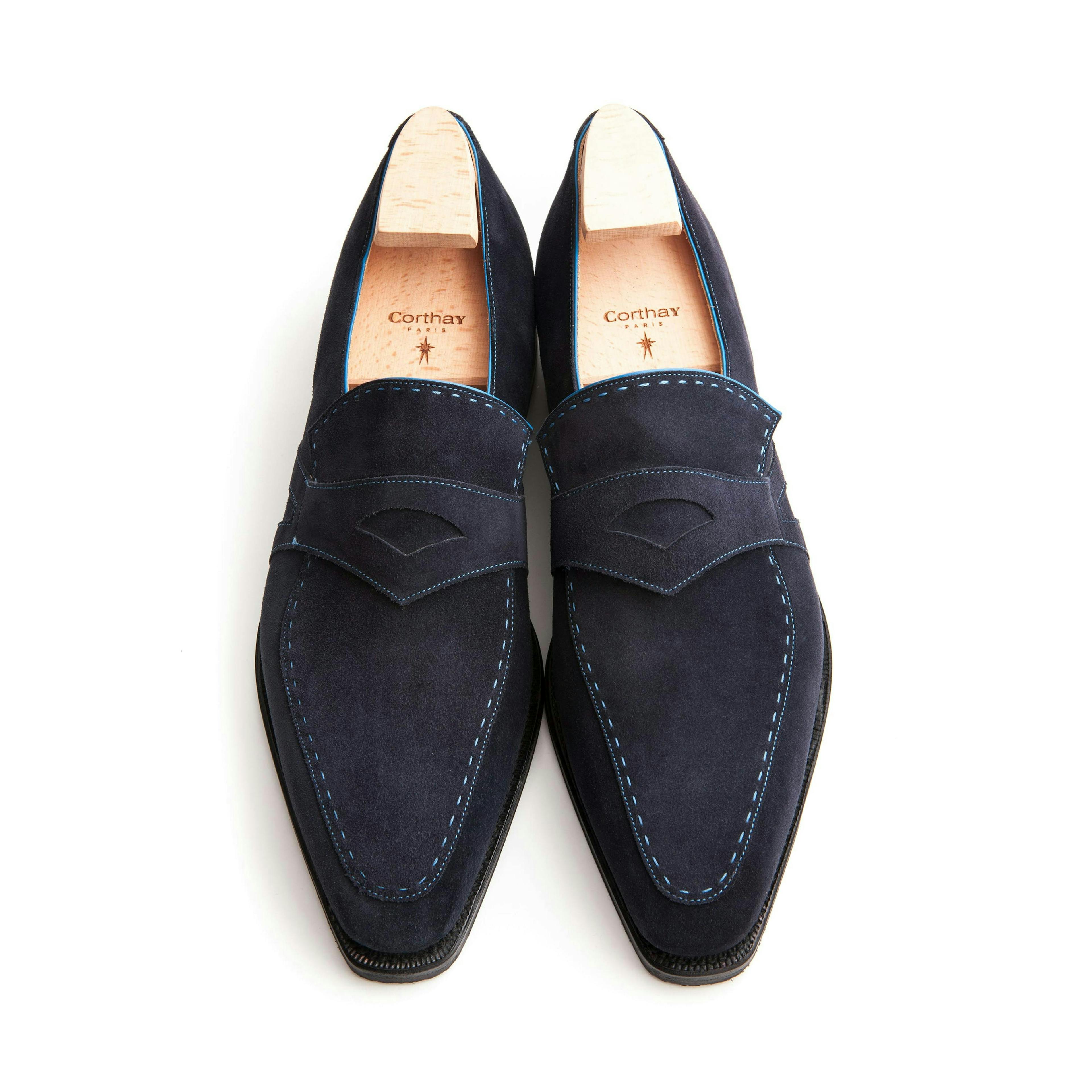Top view of a Corthay Rascaille in navy suede.