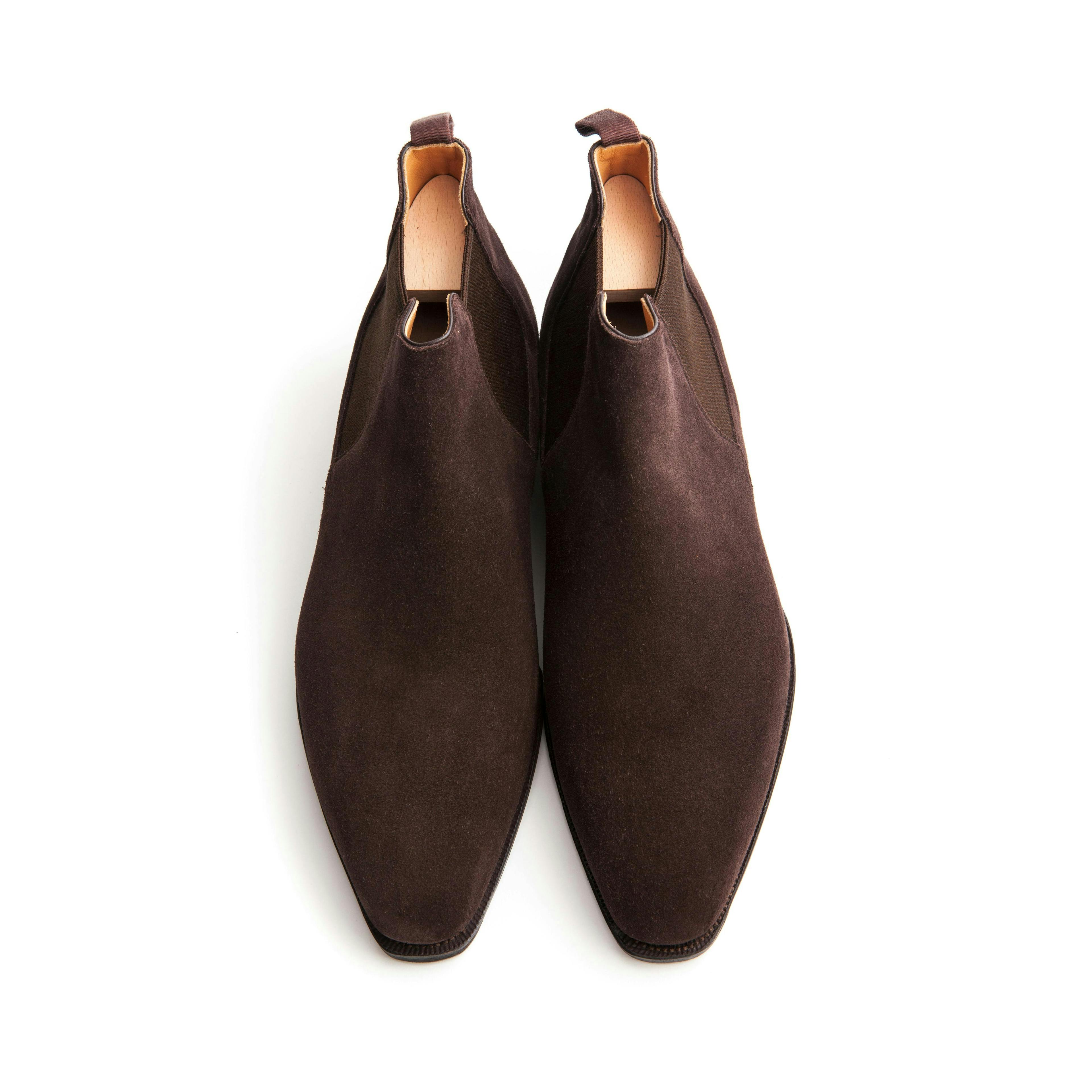 Top view of a Corthay Bella in dark brown suede.