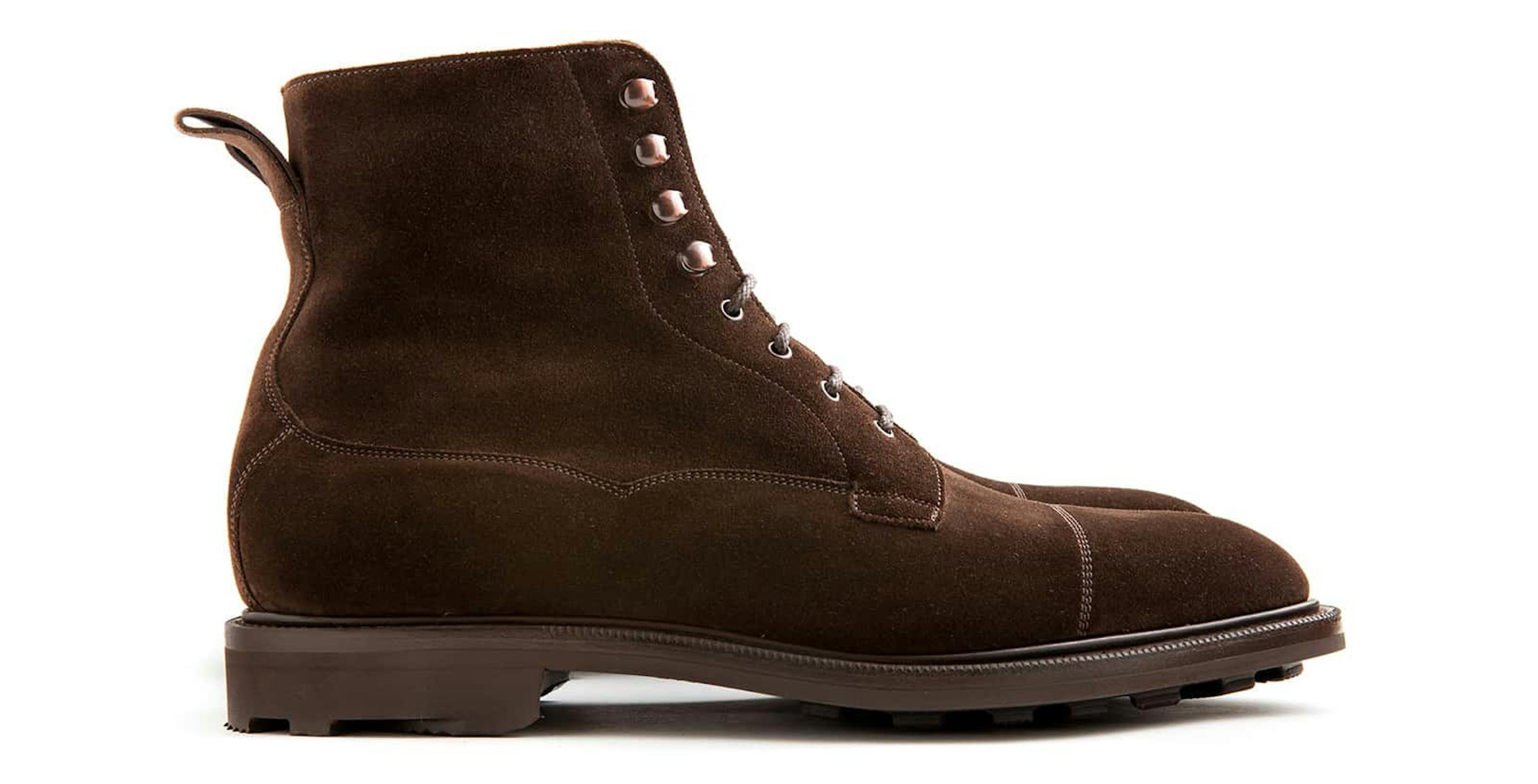 Side view of an Edward Green Galway in mocca suede.