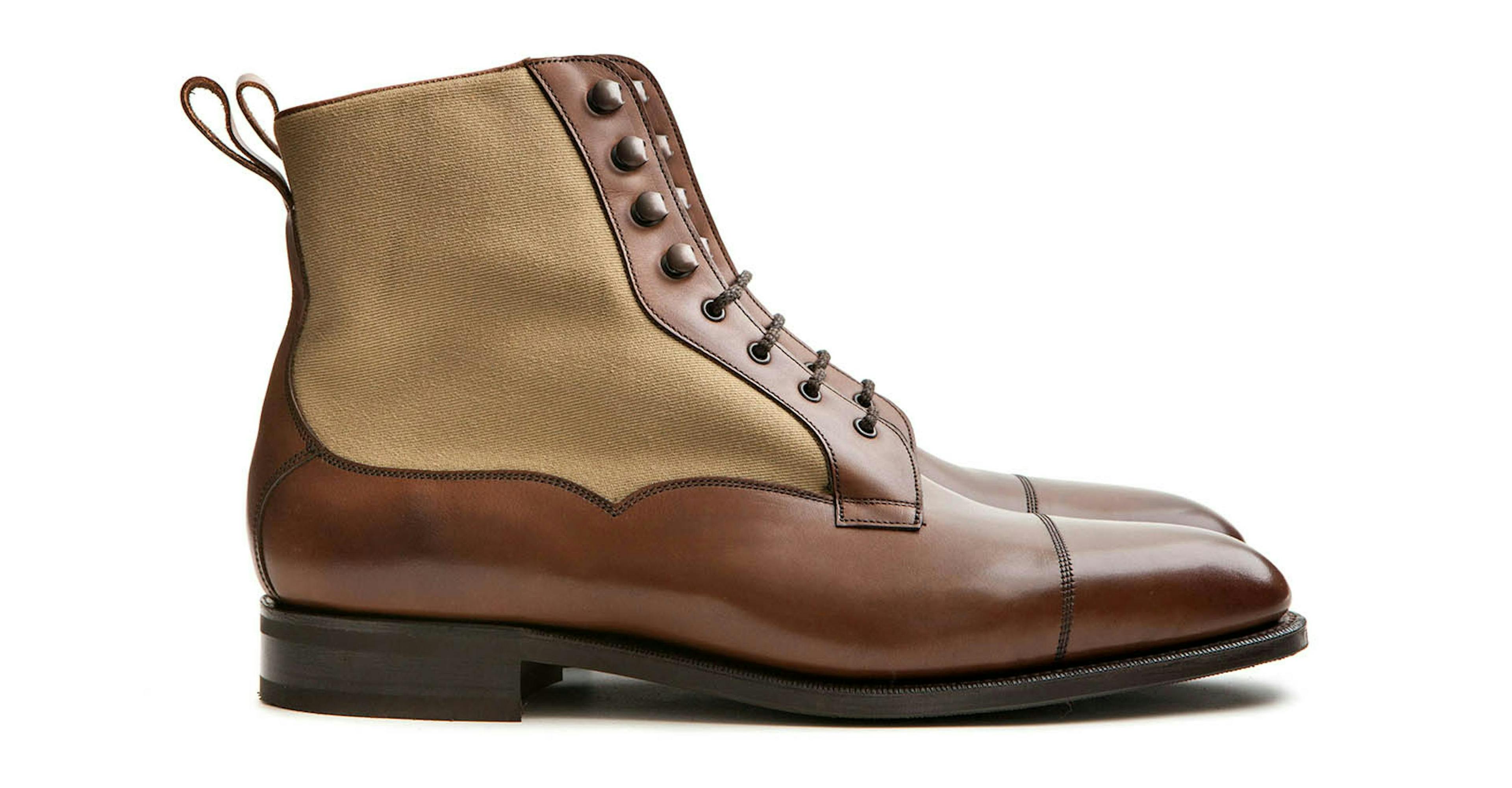 Side view of an Edward Green Galway in burnt pine calf and khaki twill.