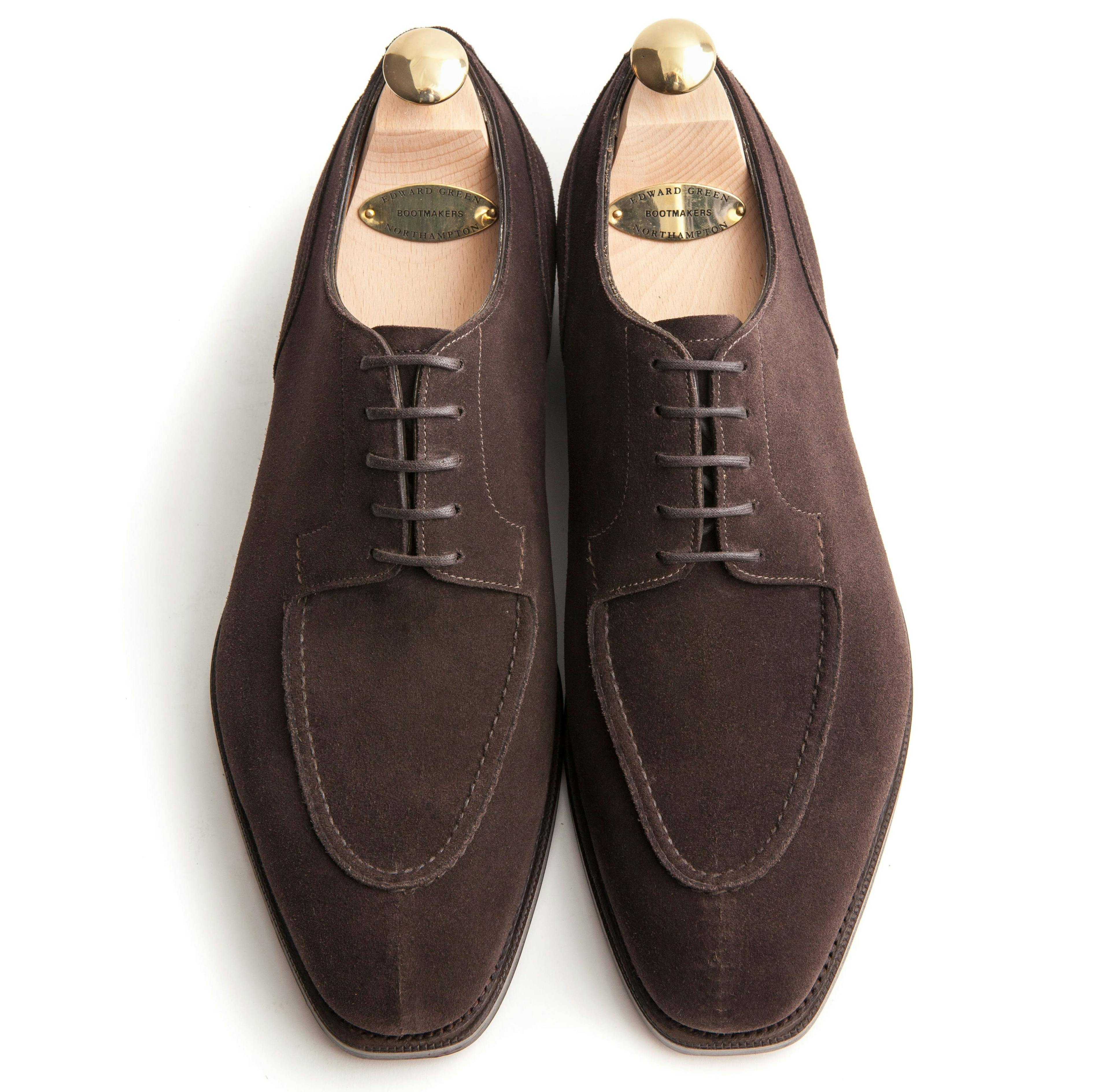 Top view of an Edward Green Dover in espresso suede.