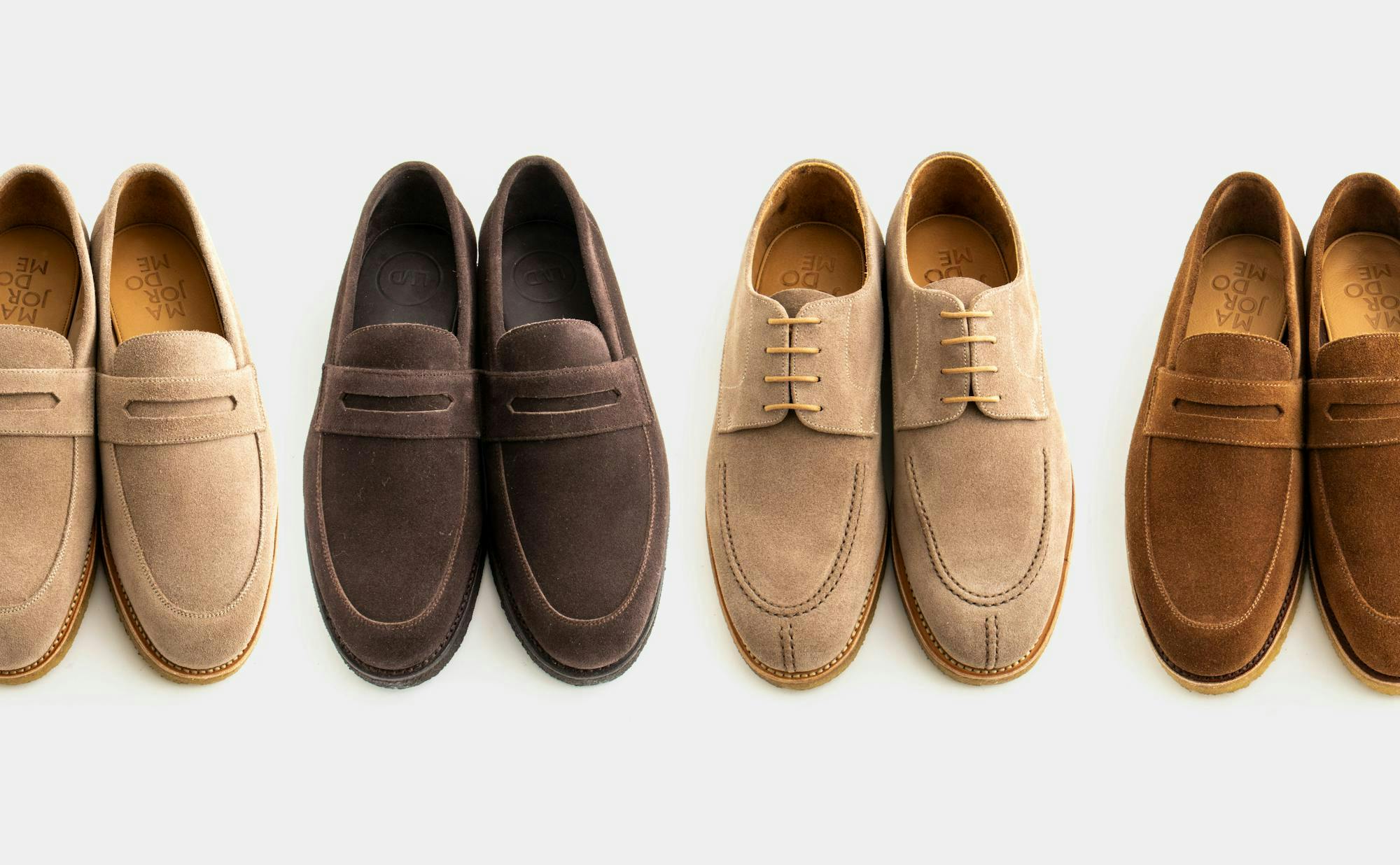 Four pairs of suede Majordome shoes.