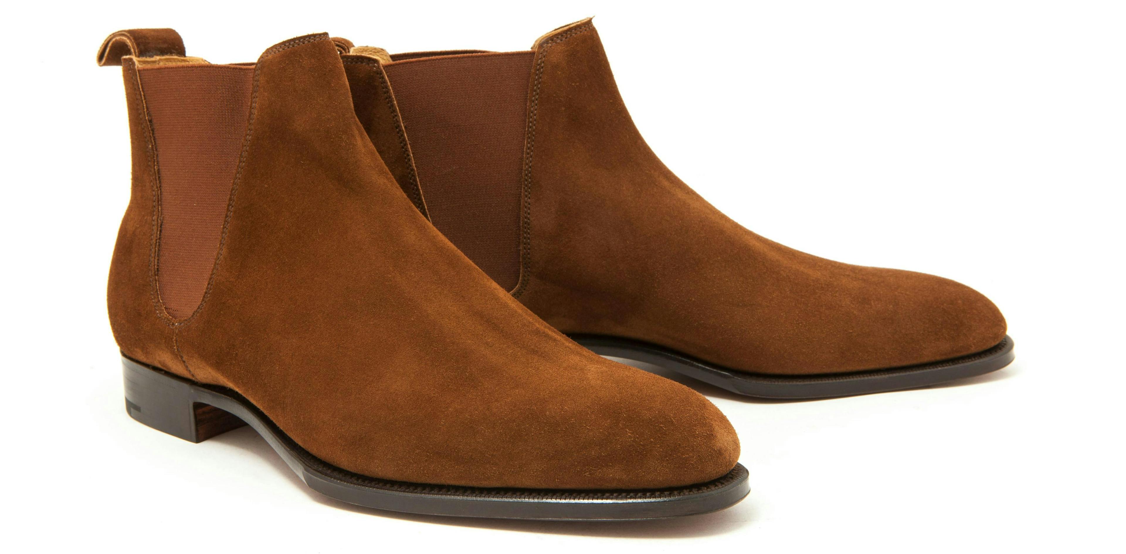 Front view of an Edward Green Camden in snuff suede.
