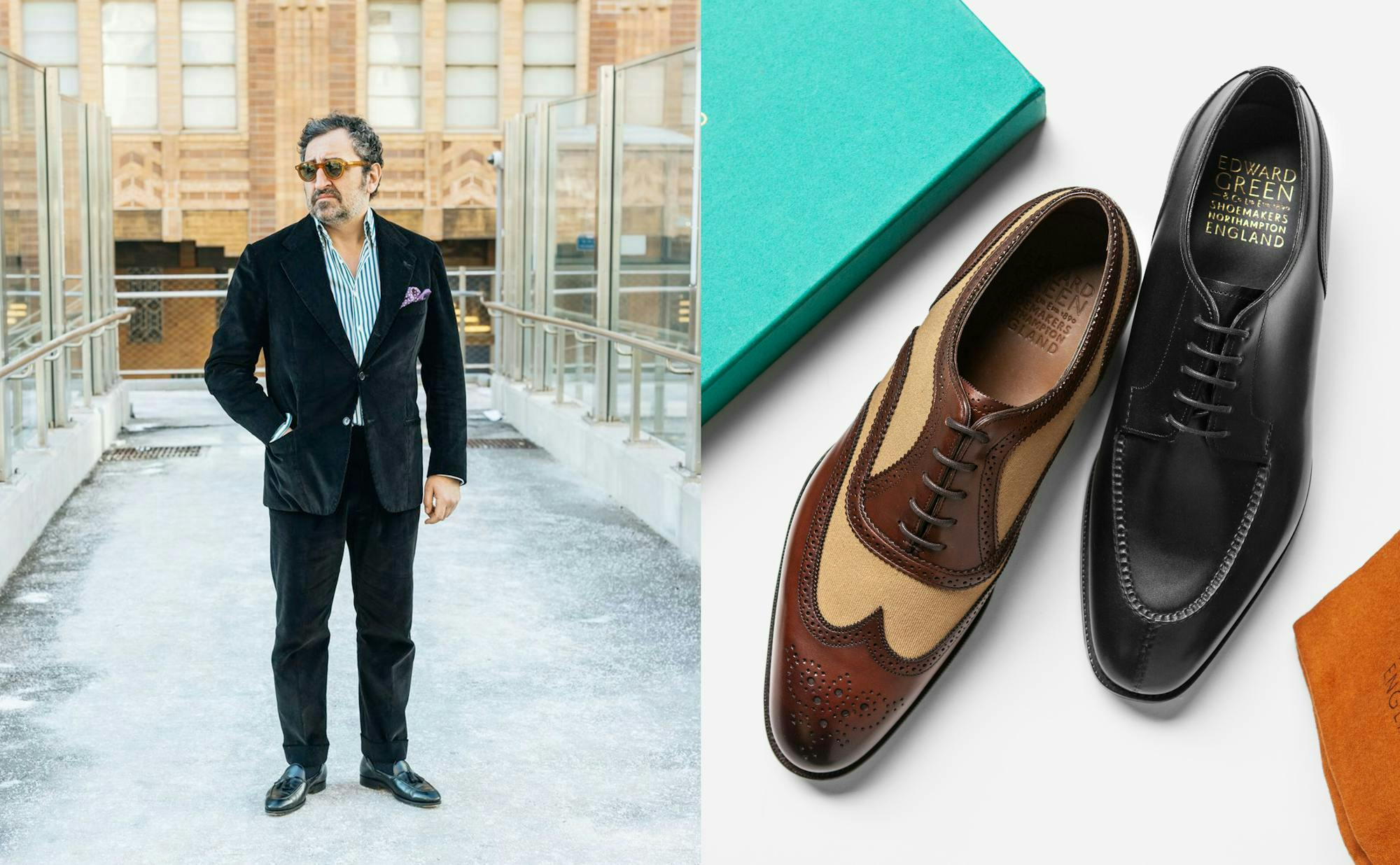 A diptych of two photos. In the first a man wears a black corduroy suit. In the second, there are two classic Edward Green shoes, one a derby, the other an oxford.