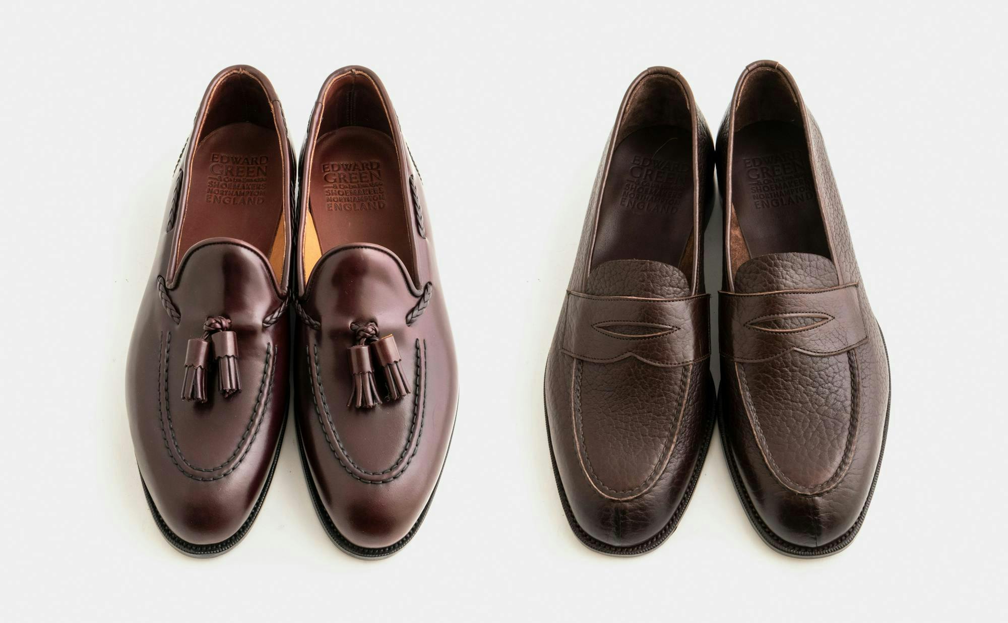 A pair of burgundy Belgravia loafers and a pair of brown Harrow loafers.