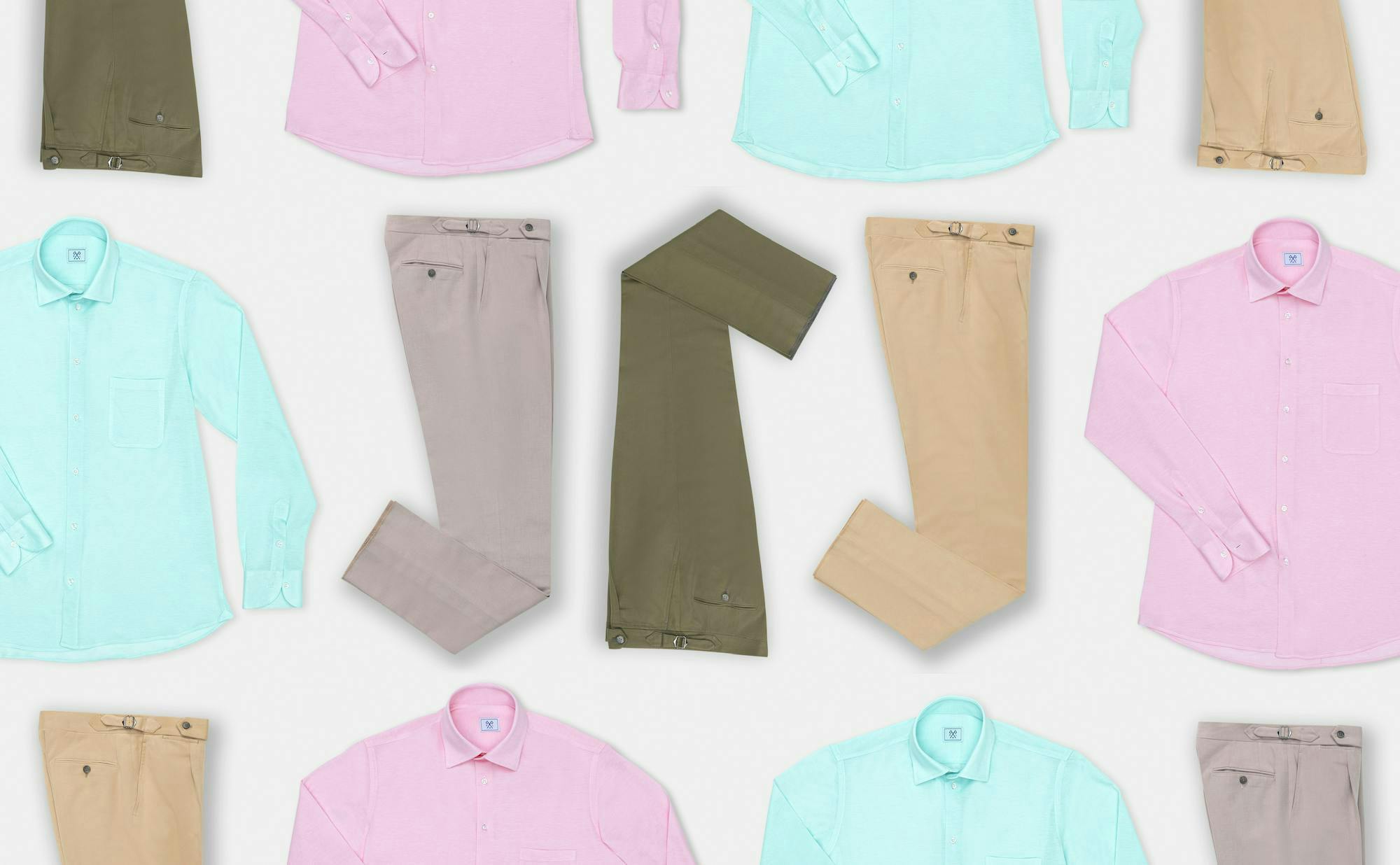 PML trousers and PML Capri shirts on a light grey background.
